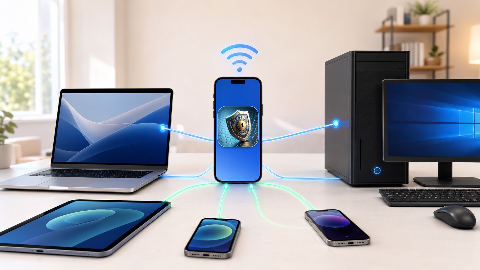 An iPhone running MonoProxy connects Mac, Windows, tablet and test devices