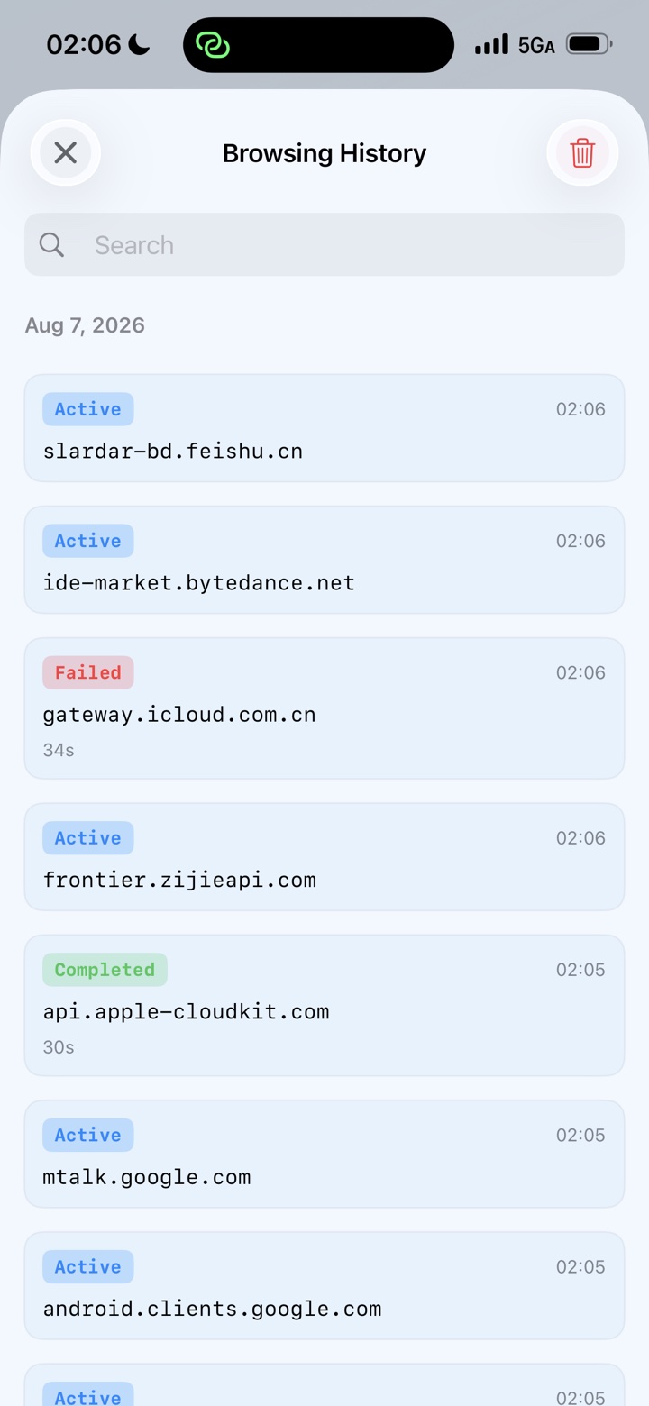 MonoProxy browsing history screen